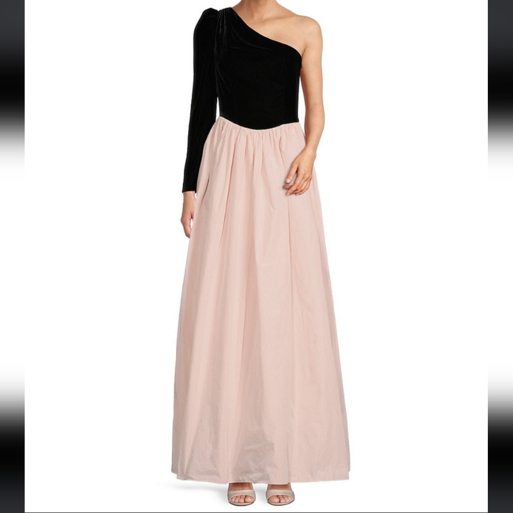 Antonio Melani Born on Fifth Blair Black & Pink One Shoulder Taffeta Gown, Sz 10